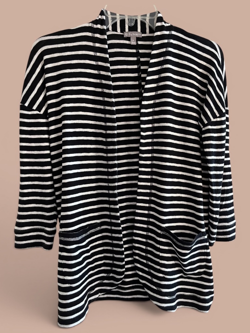 Talbots Lightweight Open Front Black White Striped Knit Cardigan Size P (0-2)